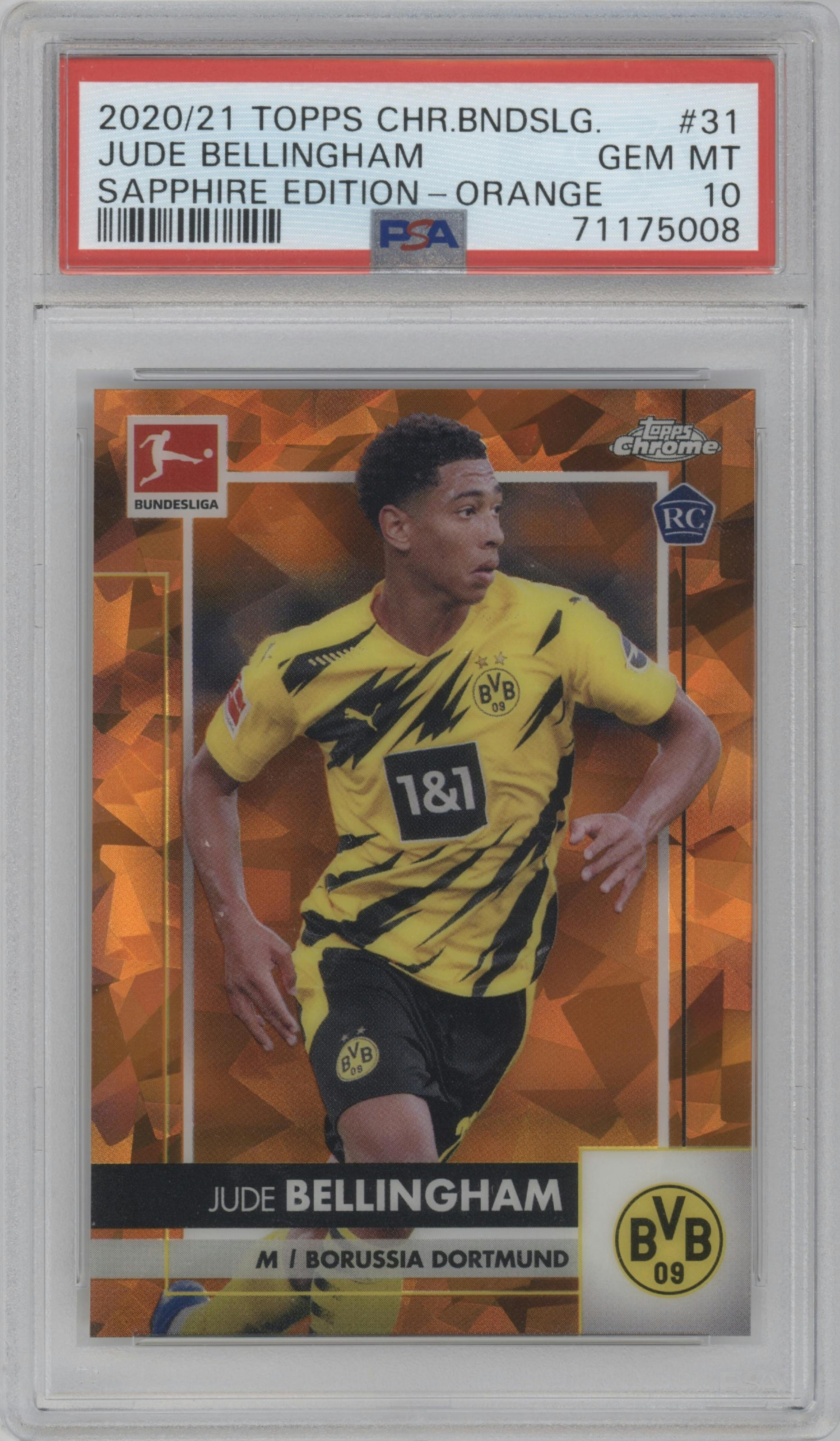 Jude Bellingham from the 2020-21 Topps Chrome Sapphire Edition Bundesliga set featuring a Orange parallel graded by PSA and given an overall grade of 10.