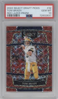 Tom Brady from the 2022 Panini Select Draft Picks set featuring a Red Lazer parallel graded by PSA and given an overall grade of 10.