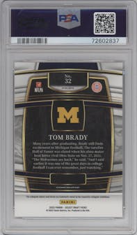 Tom Brady from the 2022 Panini Select Draft Picks set featuring a Red Lazer parallel graded by PSA and given an overall grade of 10.
