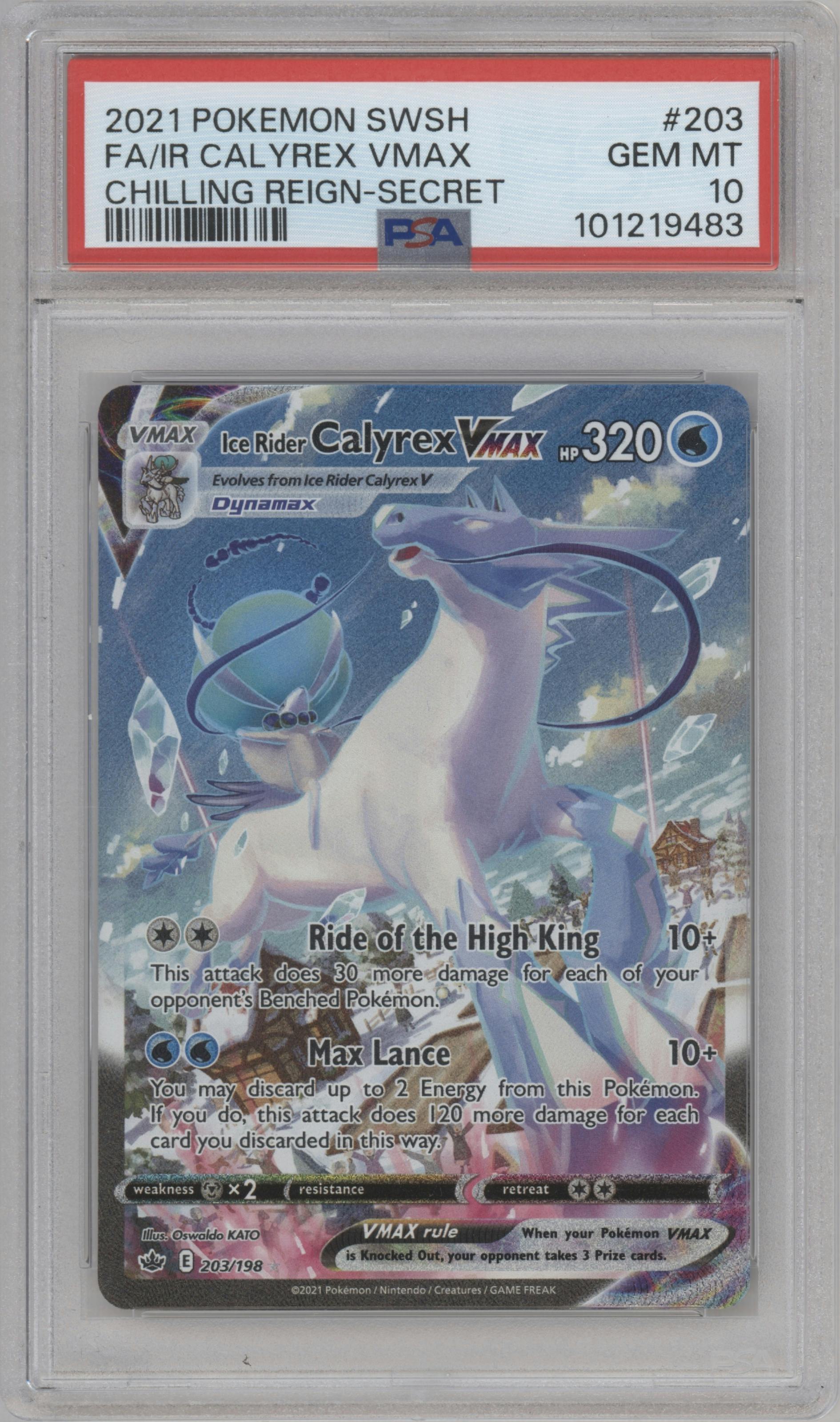 Ice Rider Calyrex VMAX from the 2021 Pokemon SWSH set graded by PSA and given an overall grade of 10.