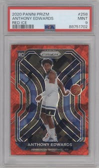 Anthony Edwards from the 2020-21 Panini Prizm set featuring a Red Ice parallel graded by PSA and given an overall grade of 9.
