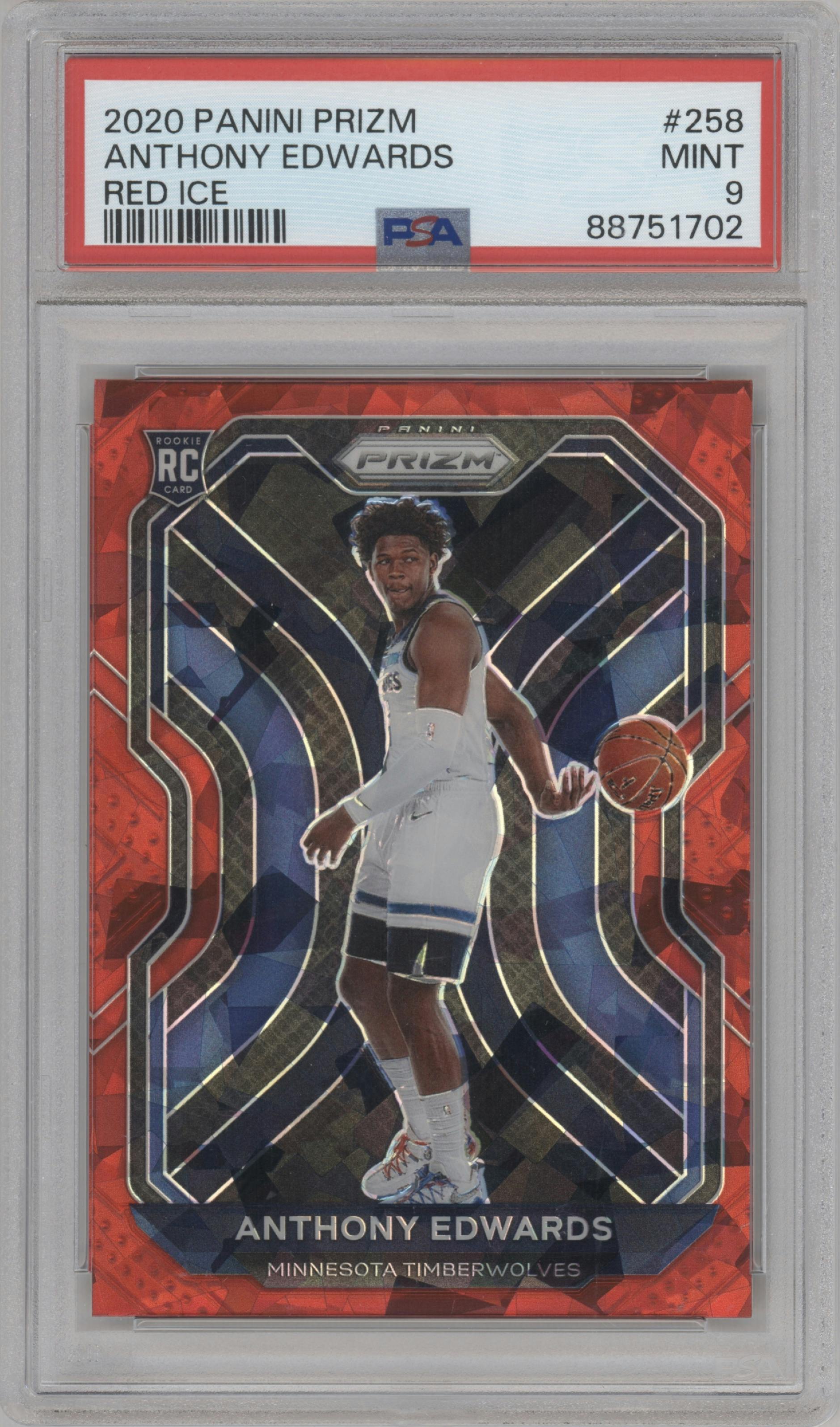 Anthony Edwards from the 2020-21 Panini Prizm set featuring a Red Ice parallel graded by PSA and given an overall grade of 9.