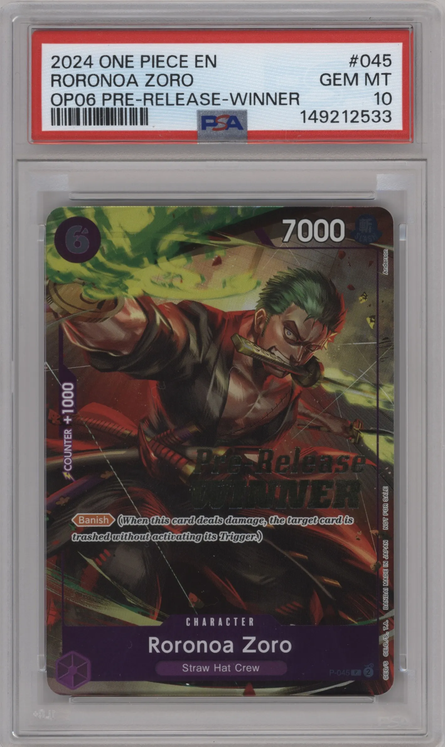 2024 One Piece Pre-Release Roronoa Zoro Winner P #P-045 P PSA 10