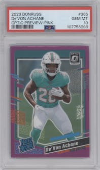 De'Von Achane from the 2023 Panini Donruss set featuring a Pink parallel graded by PSA and given an overall grade of 10.