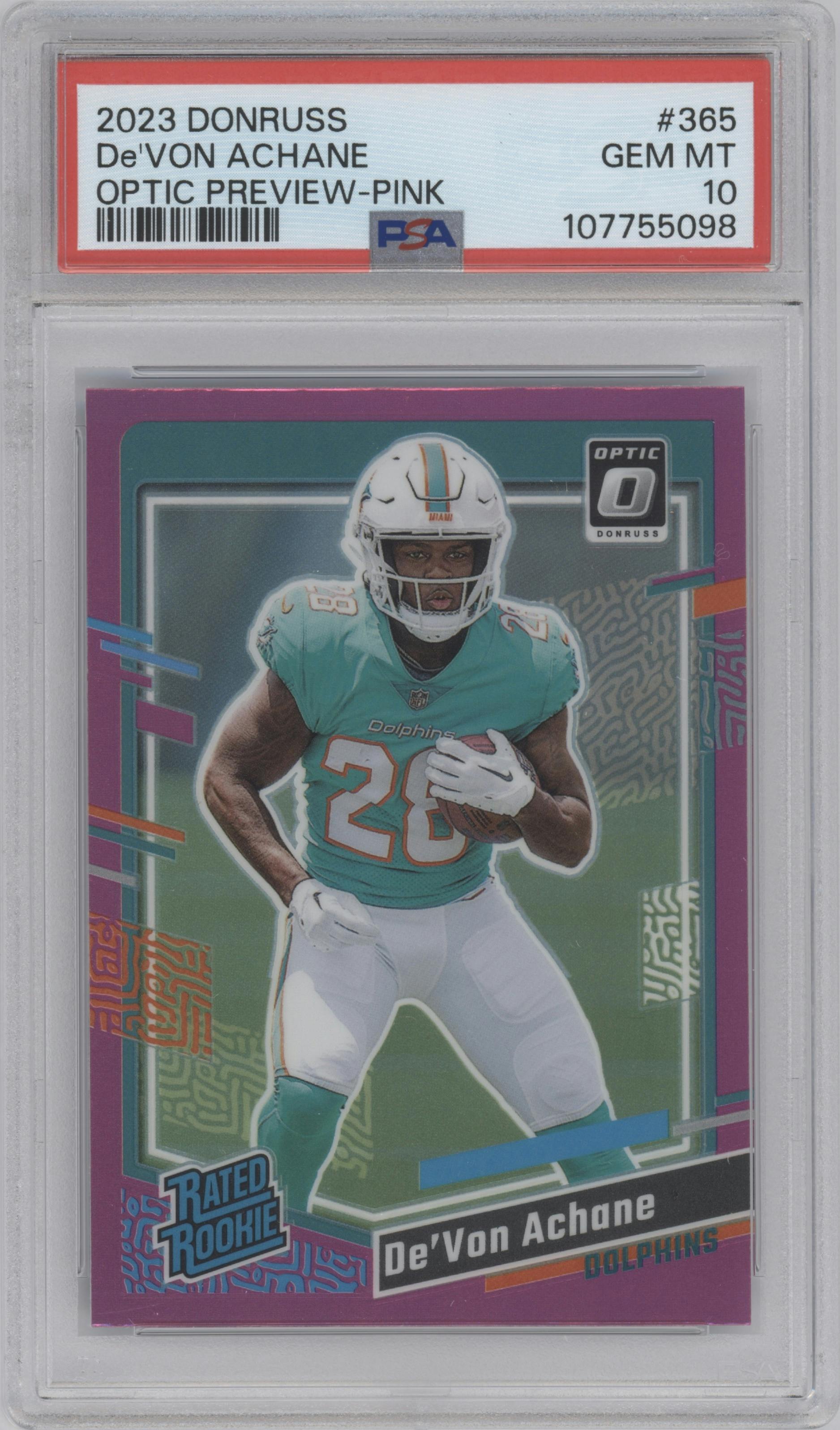 De'Von Achane from the 2023 Panini Donruss set featuring a Pink parallel graded by PSA and given an overall grade of 10.