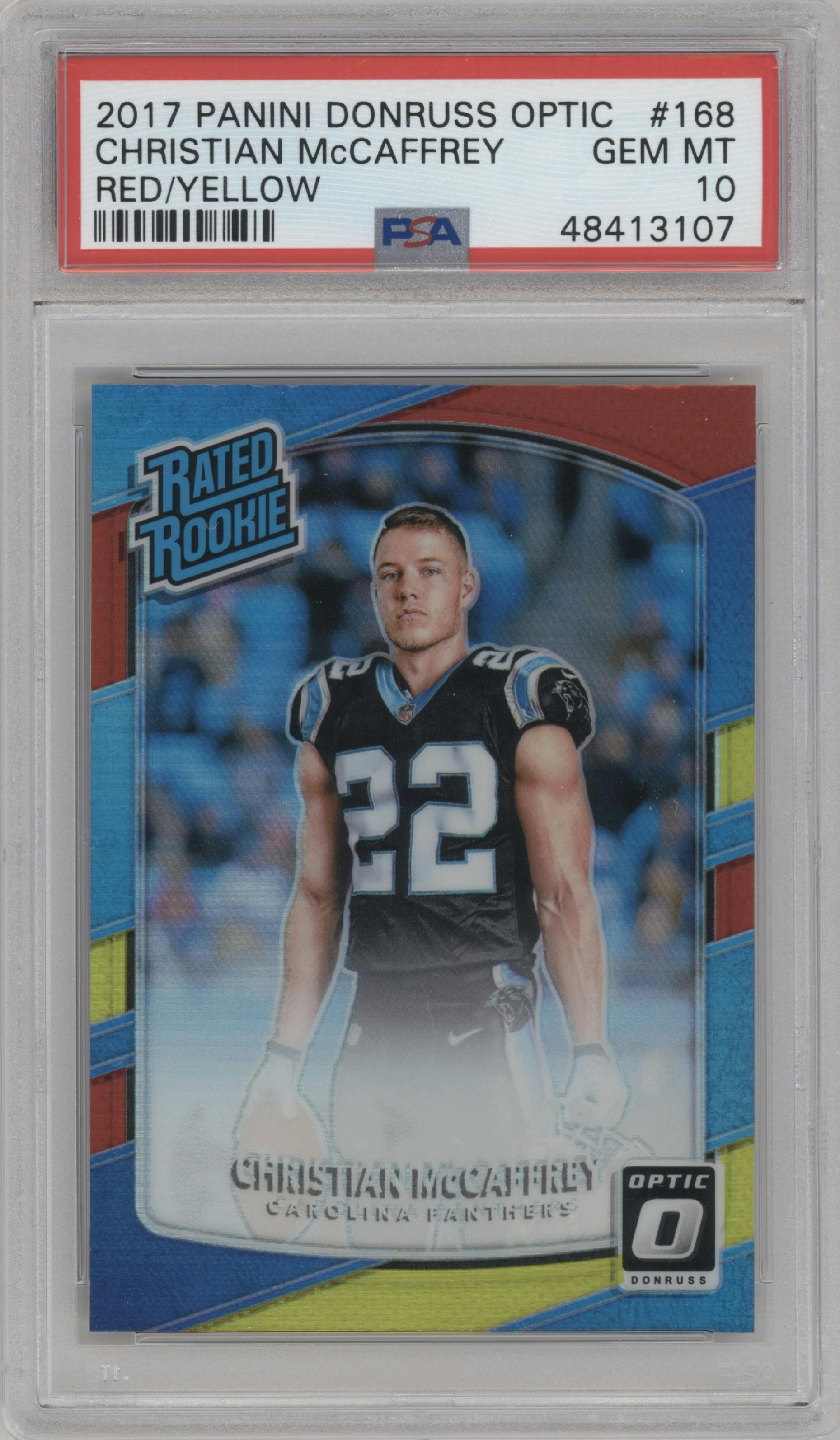 Christian McCaffrey from the 2017 Panini Donruss Optic set featuring a Red/Yellow parallel graded by PSA and given an overall grade of 10.