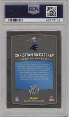 Christian McCaffrey from the 2017 Panini Donruss Optic set featuring a Red/Yellow parallel graded by PSA and given an overall grade of 10.