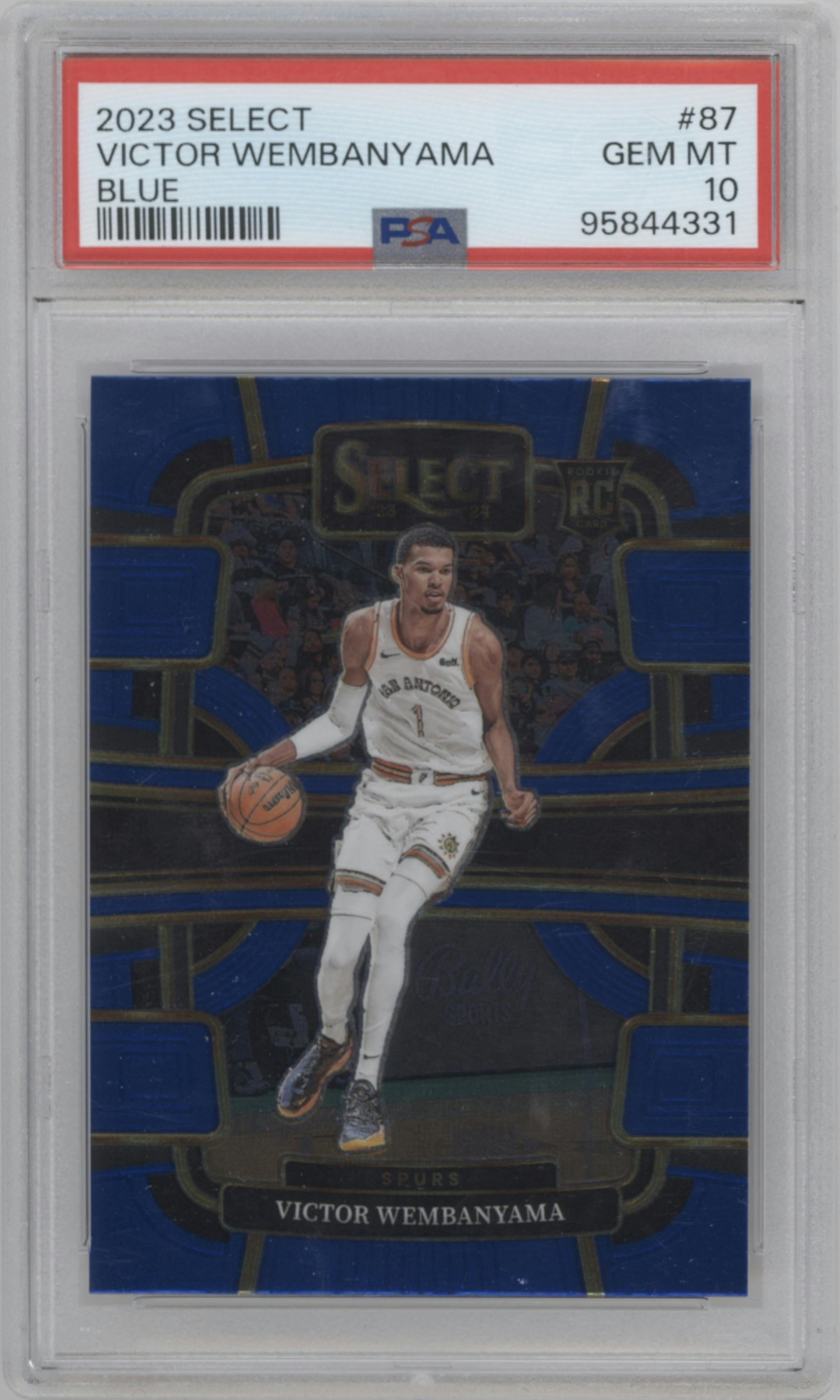 Victor Wembanyama from the 2023-24 Panini Select  set featuring a Blue Retail parallel graded by PSA and given an overall grade of 10.