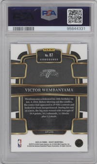 Victor Wembanyama from the 2023-24 Panini Select  set featuring a Blue Retail parallel graded by PSA and given an overall grade of 10.