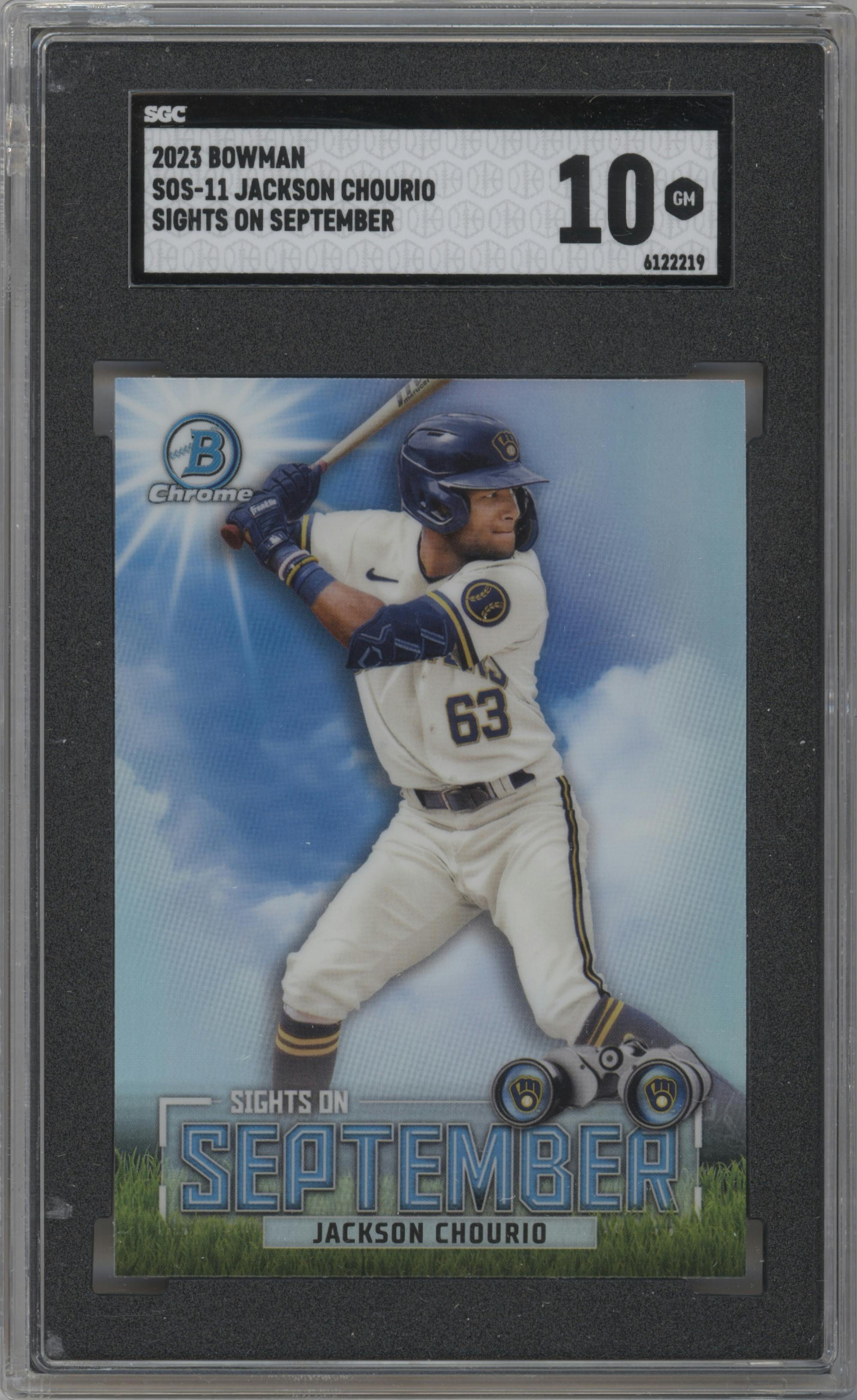 Jackson Chourio from the 2023 Bowman  set graded by SGC and given an overall grade of 10.