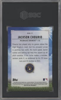 Jackson Chourio from the 2023 Bowman  set graded by SGC and given an overall grade of 10.