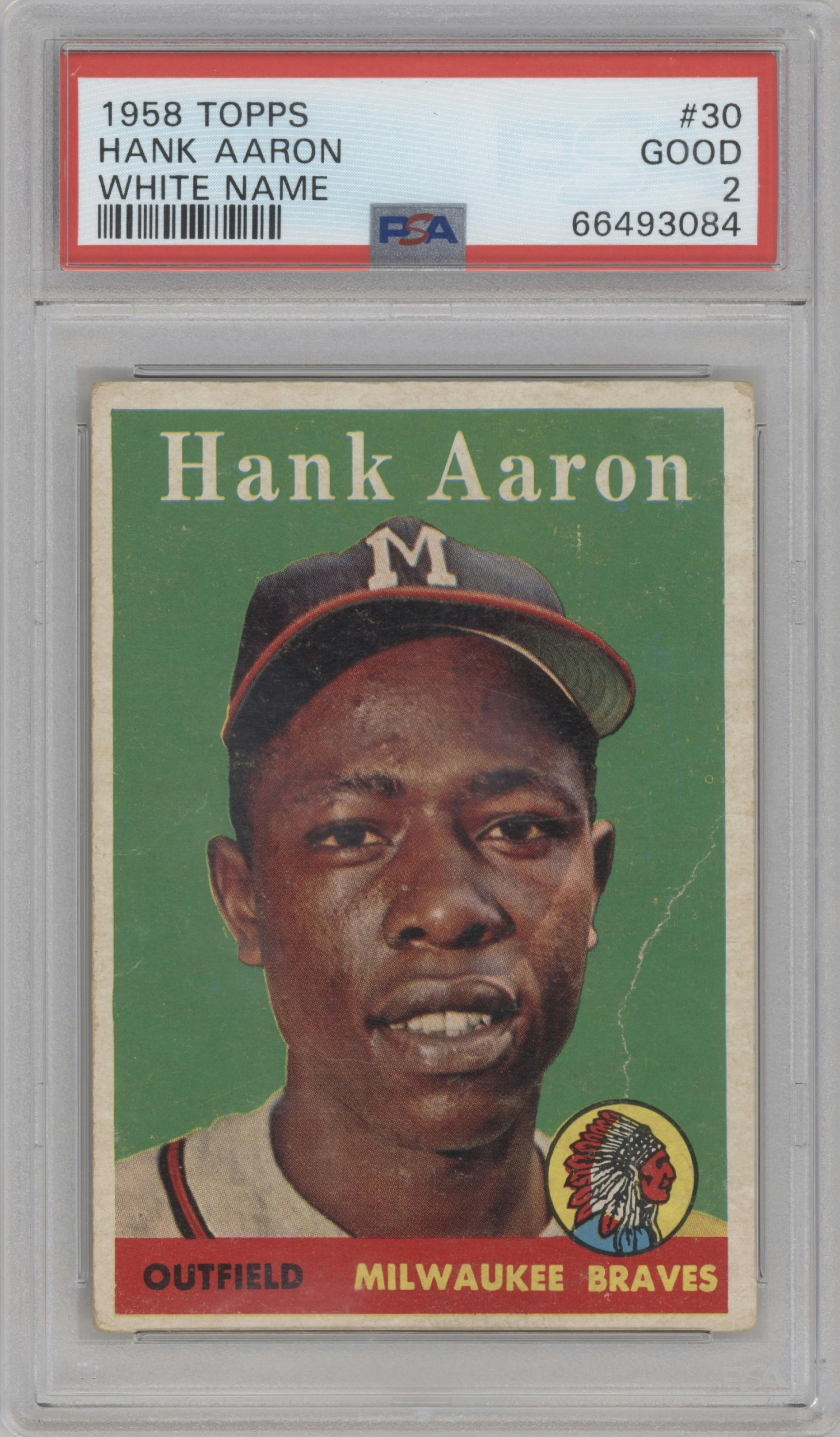 Hank Aaron from the 1958 Topps set featuring a White Name parallel graded by PSA and given an overall grade of 2.