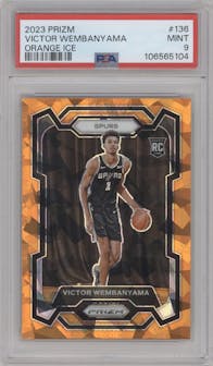 Victor Wembanyama from the 2023-24 Panini Prizm set featuring a Orange Ice parallel graded by PSA and given an overall grade of 9.