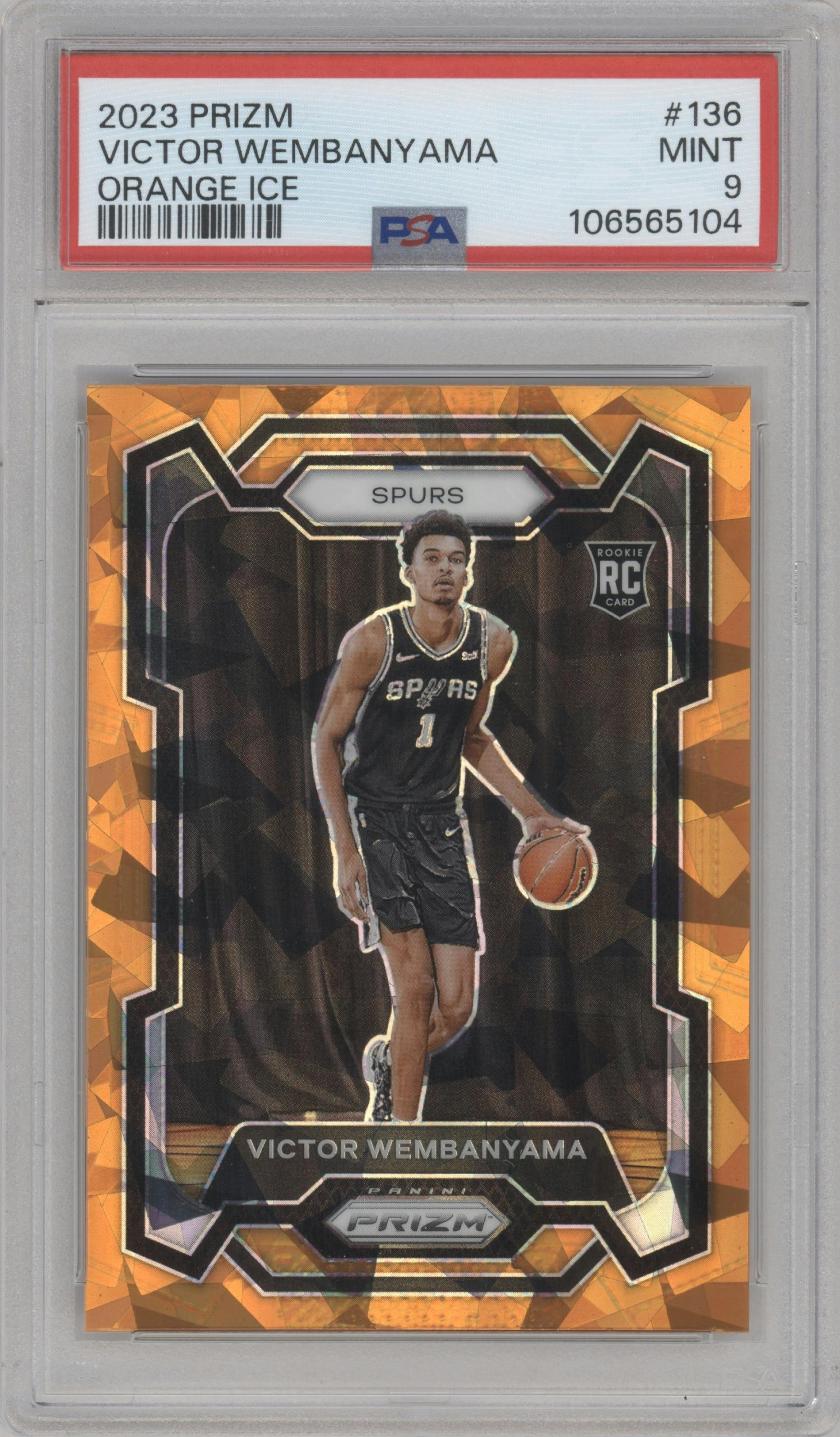 Victor Wembanyama from the 2023-24 Panini Prizm set featuring a Orange Ice parallel graded by PSA and given an overall grade of 9.