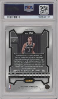Victor Wembanyama from the 2023-24 Panini Prizm set featuring a Orange Ice parallel graded by PSA and given an overall grade of 9.