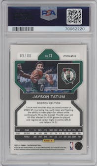Jayson Tatum from the 2021-22 Panini Prizm  set featuring a Choice Red parallel graded by PSA and given an overall grade of 10.