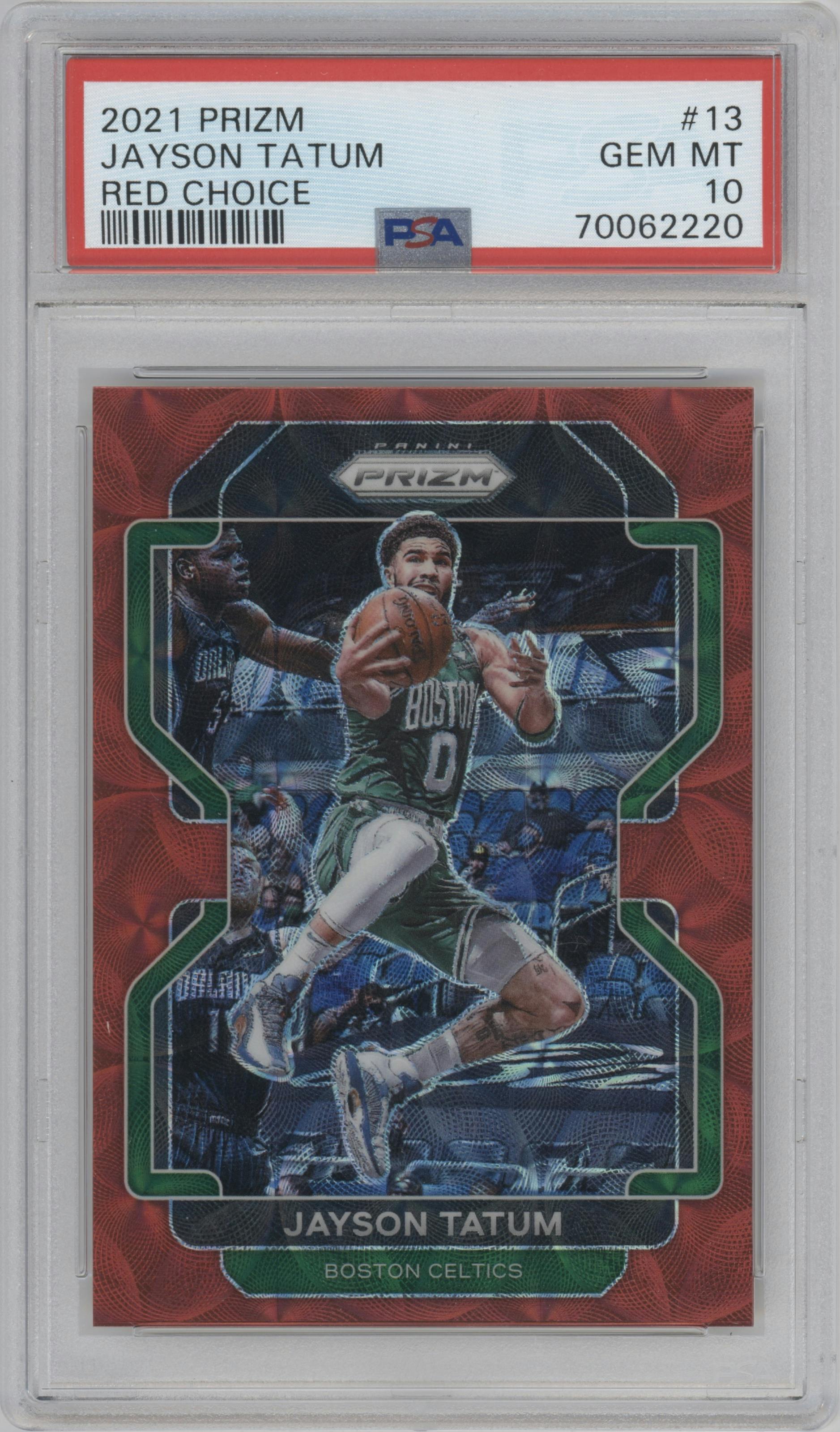 Jayson Tatum from the 2021-22 Panini Prizm  set featuring a Choice Red parallel graded by PSA and given an overall grade of 10.