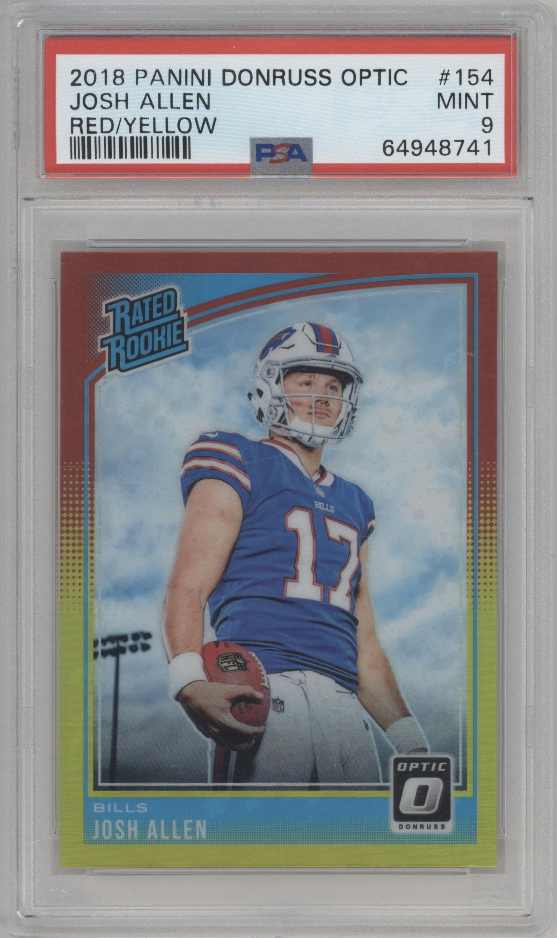 Josh Allen from the 2018 Panini Donruss Optic set featuring a Red/Yellow parallel graded by PSA and given an overall grade of 9.