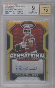 Patrick Mahomes II from the 2020 Panini Prizm set featuring a Gold parallel graded by Beckett and given an overall grade of 9.