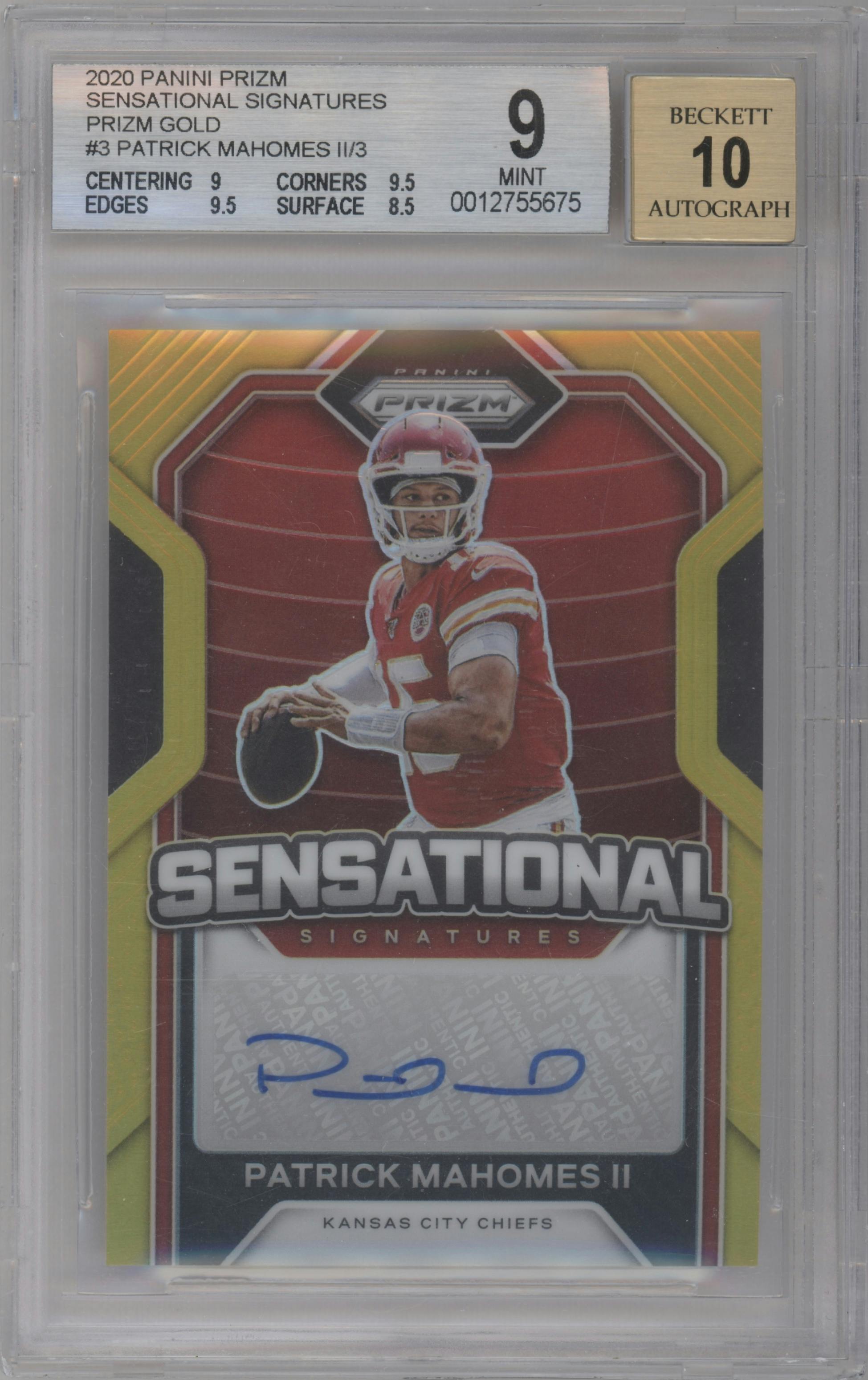 Patrick Mahomes II from the 2020 Panini Prizm set featuring a Gold parallel graded by Beckett and given an overall grade of 9.