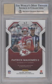 Patrick Mahomes II from the 2020 Panini Prizm set featuring a Gold parallel graded by Beckett and given an overall grade of 9.