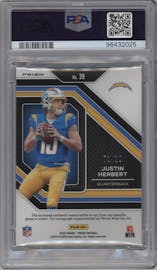 Justin Herbert from the 2020 Panini Prizm set featuring a Gold Prizm parallel graded by PSA and given an overall grade of 10.