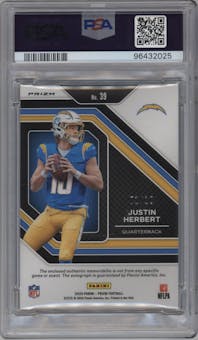 Justin Herbert from the 2020 Panini Prizm set featuring a Gold Prizm parallel graded by PSA and given an overall grade of 10.
