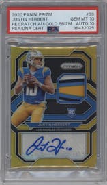 Justin Herbert from the 2020 Panini Prizm set featuring a Gold Prizm parallel graded by PSA and given an overall grade of 10.