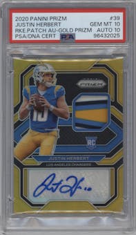 Justin Herbert from the 2020 Panini Prizm set featuring a Gold Prizm parallel graded by PSA and given an overall grade of 10.