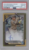 Jackson Merrill from the 2024 Bowman Chrome set featuring a Gold Refractor parallel graded by PSA and given an overall grade of 10.