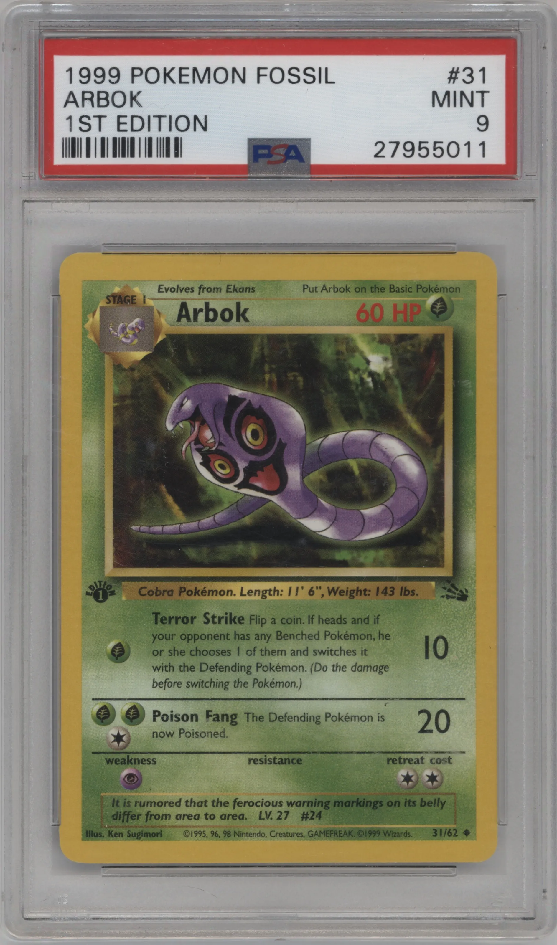 1999 Pokemon Fossil Arbok #31 PSA 9