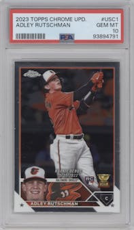 Adley Rutschman from the 2023 Topps Chrome Update set graded by PSA and given an overall grade of 10.