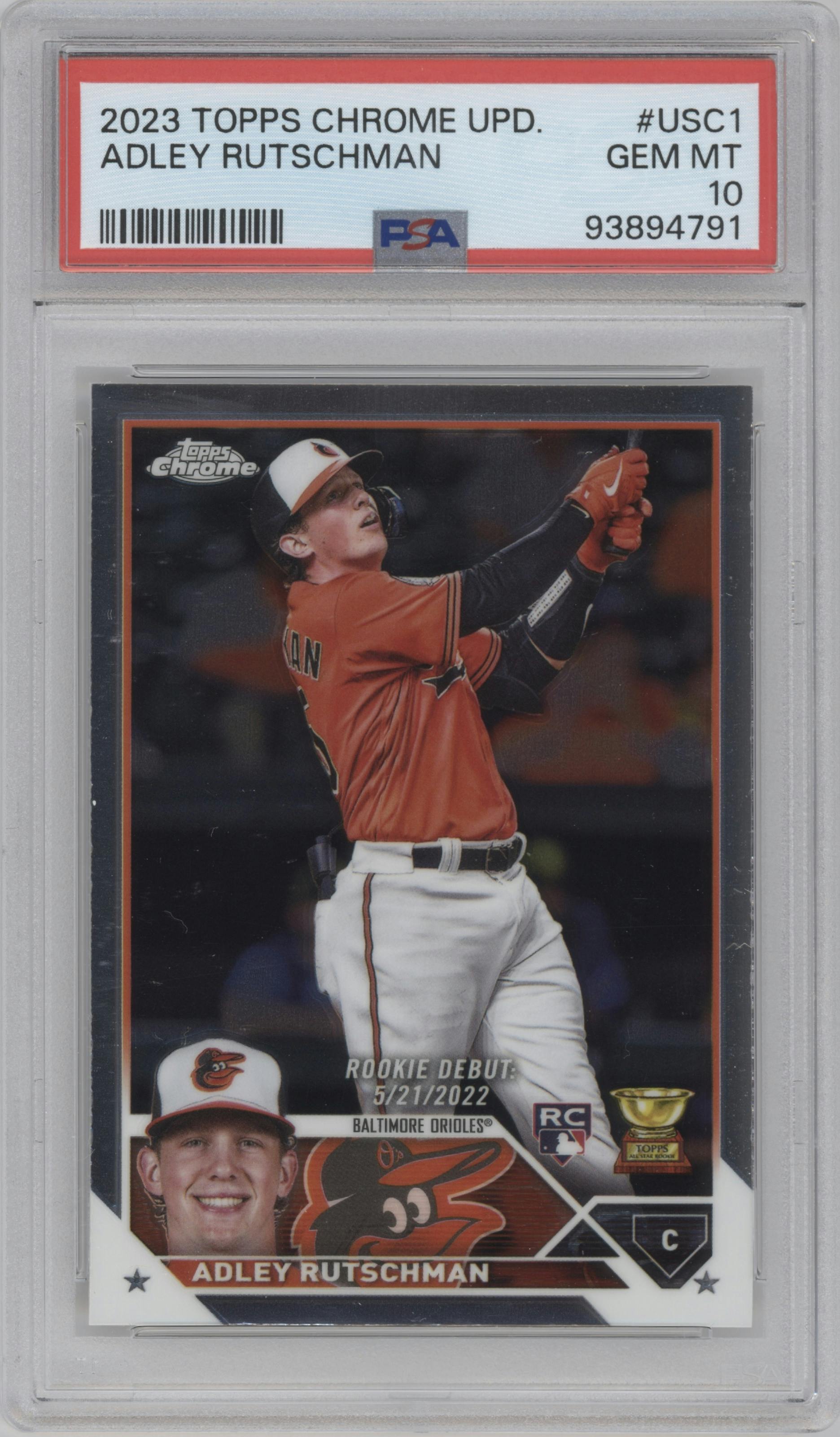 Adley Rutschman from the 2023 Topps Chrome Update set graded by PSA and given an overall grade of 10.