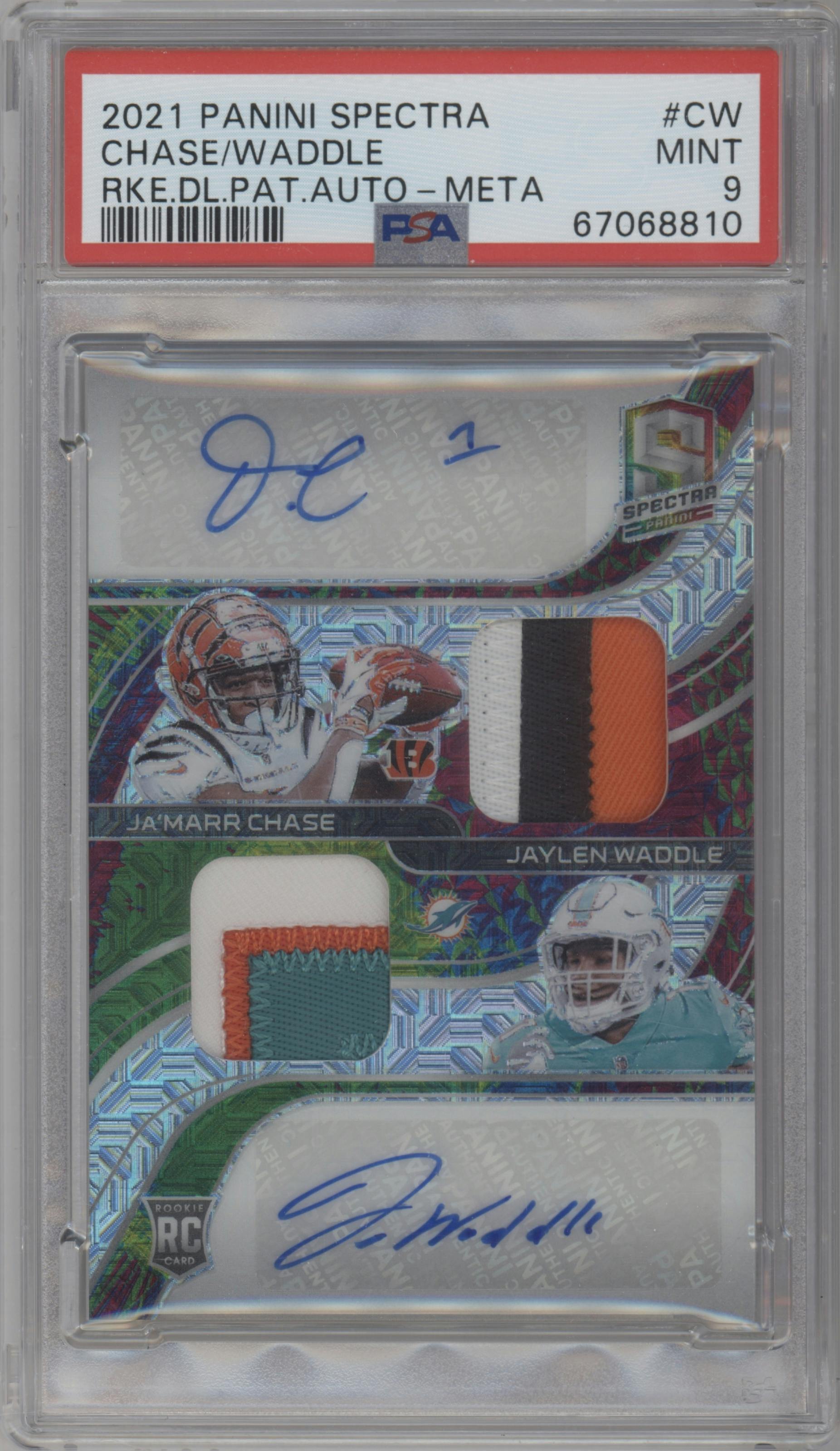 Ja'Marr Chase/Jaylen Waddle from the 2021 Panini Spectra set featuring a Meta parallel graded by PSA and given an overall grade of 9.