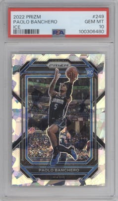 Paolo Banchero from the 2022-23 Panini Prizm  set featuring a Ice Prizm parallel graded by PSA and given an overall grade of 10.