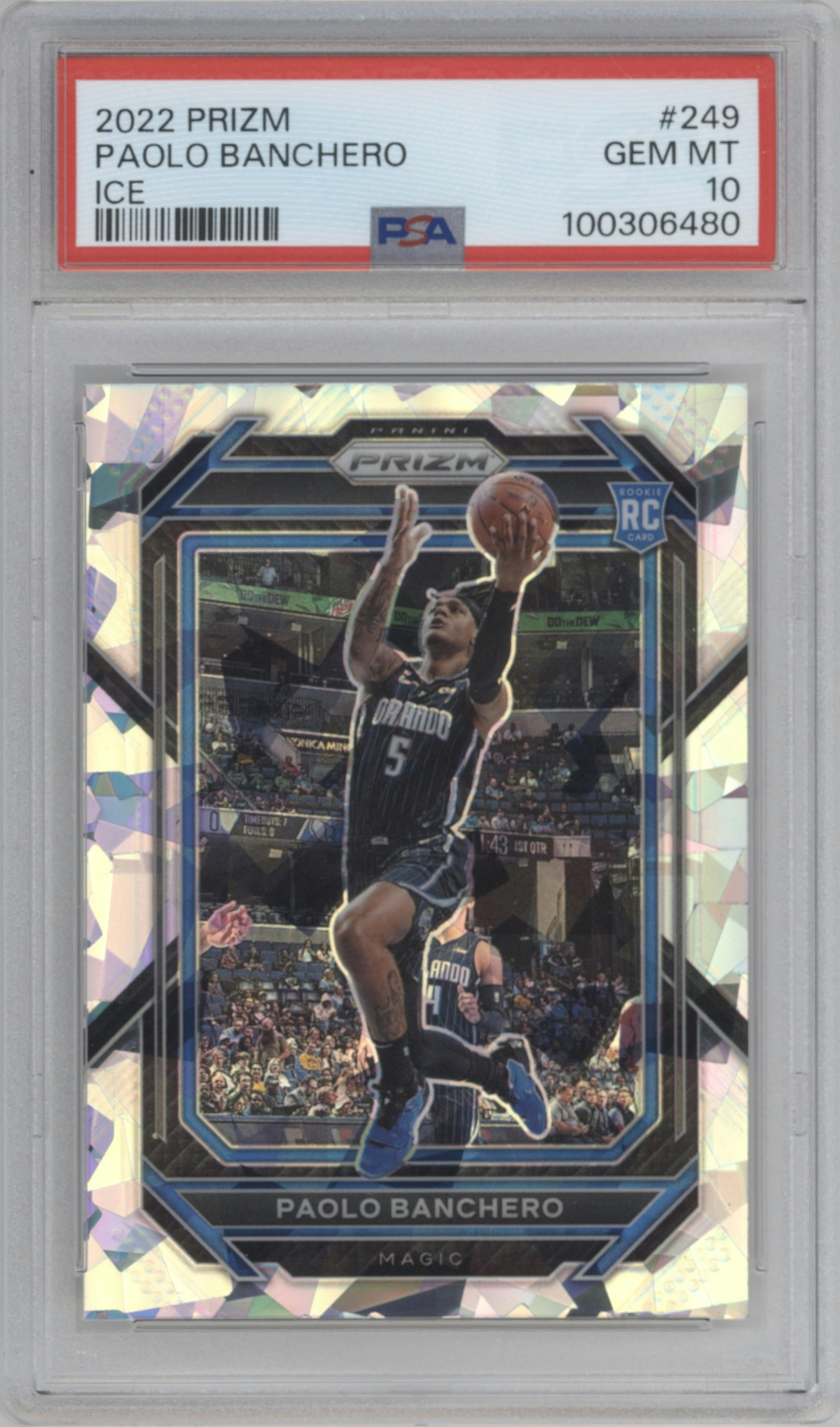 Paolo Banchero from the 2022-23 Panini Prizm  set featuring a Ice Prizm parallel graded by PSA and given an overall grade of 10.