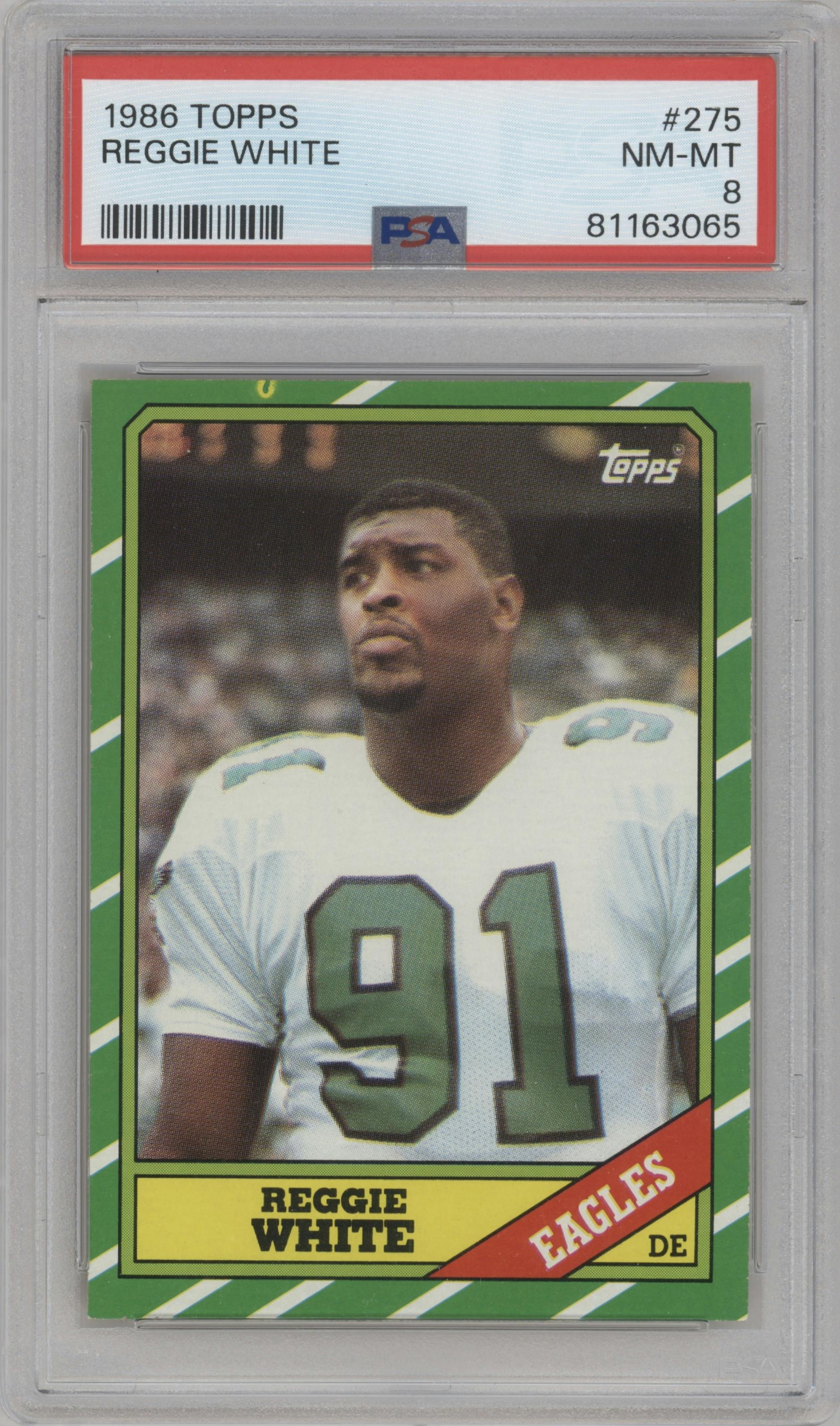 Reggie White from the 1986 Topps set graded by PSA and given an overall grade of 8.