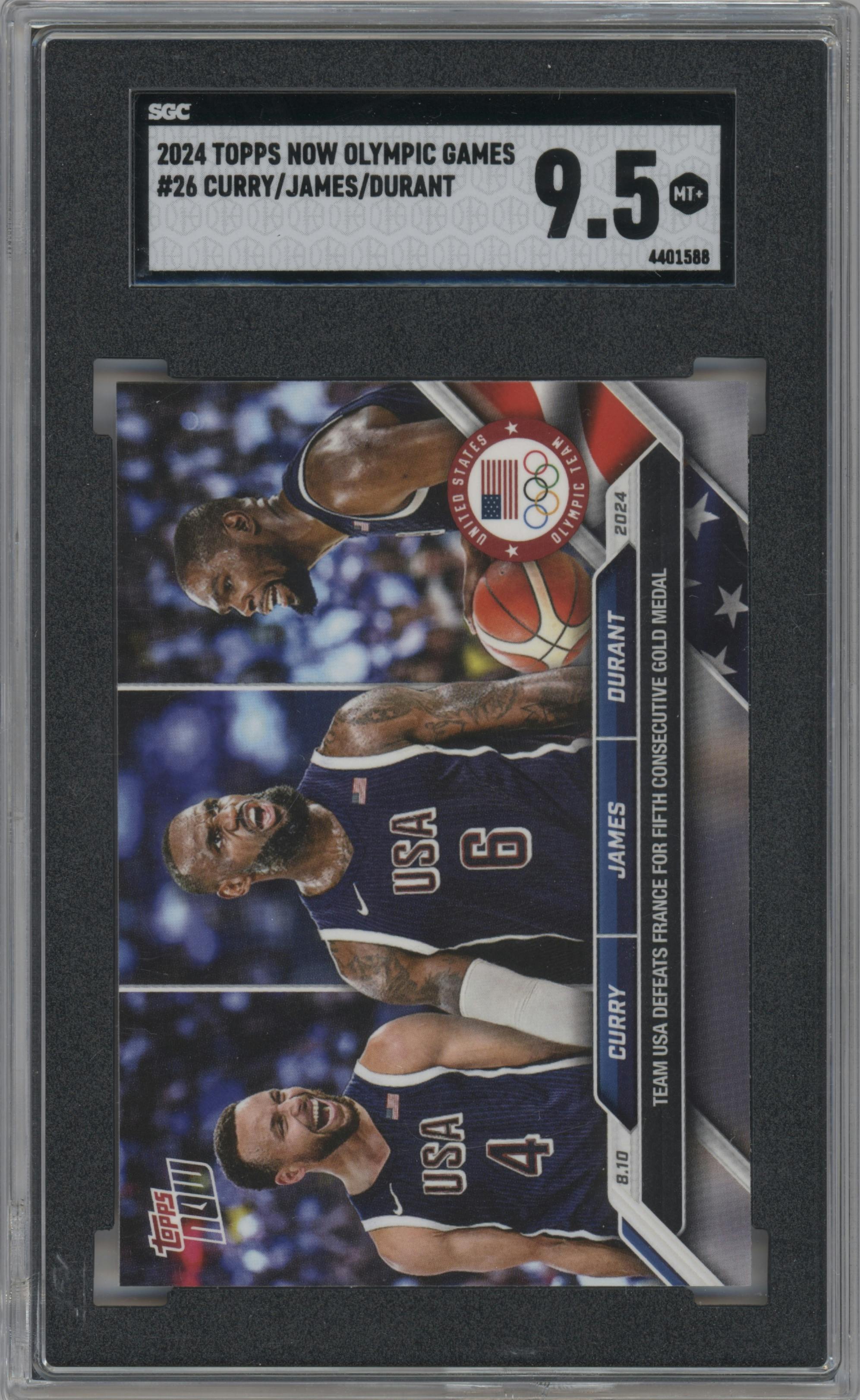 Stephen Curry/LeBron James/Kevin Durant from the 2024 Topps Now Olympics set graded by SGC and given an overall grade of 9.5.