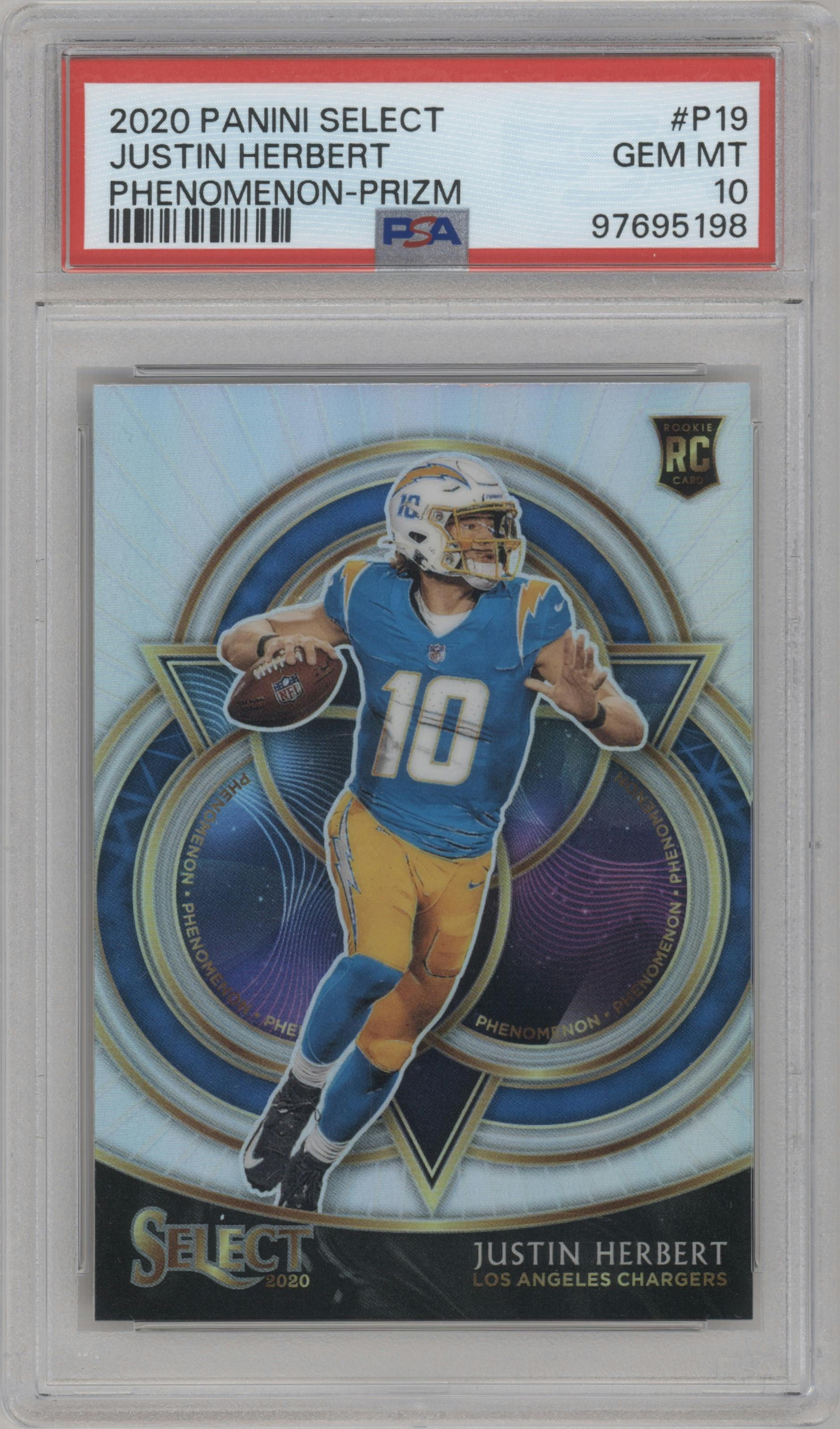 Justin Herbert from the 2020 Panini Select set featuring a Base Prizm parallel graded by PSA and given an overall grade of 10.