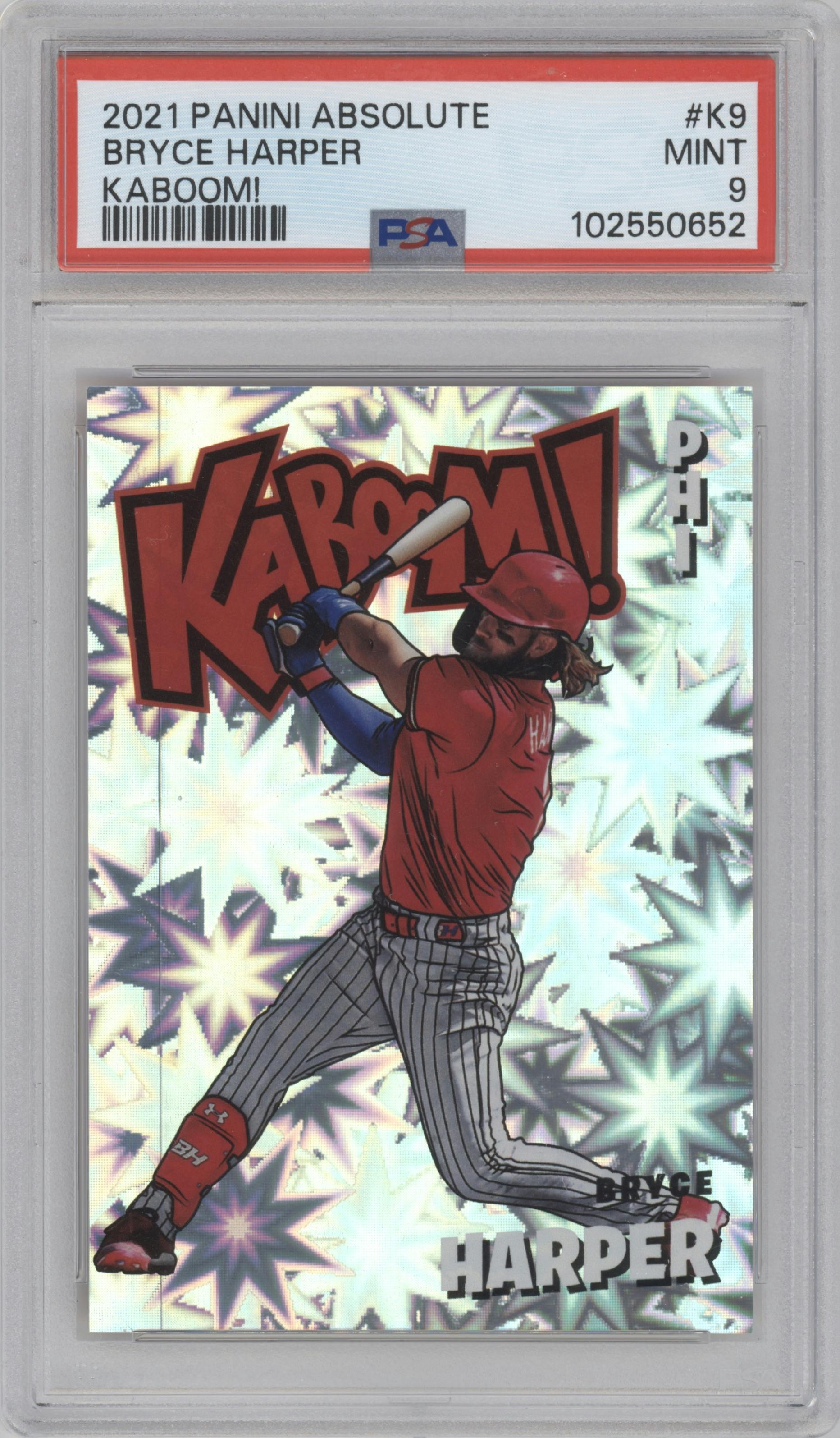 Bryce Harper from the 2021 Panini Absolute set graded by PSA and given an overall grade of 9.