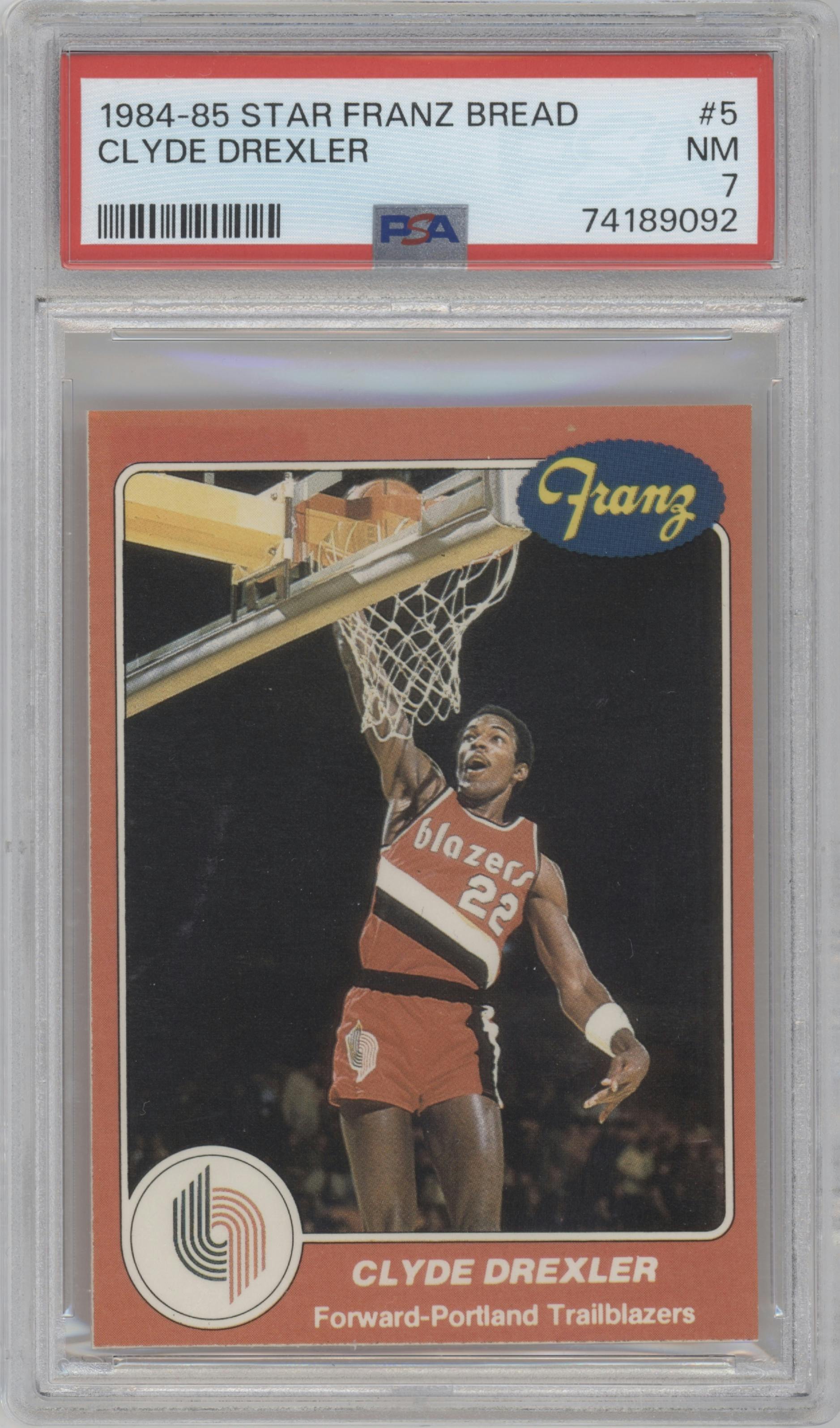 Clyde Drexler from the 1984-85 Star Franz Portland Trail Blazers set graded by PSA and given an overall grade of 7.