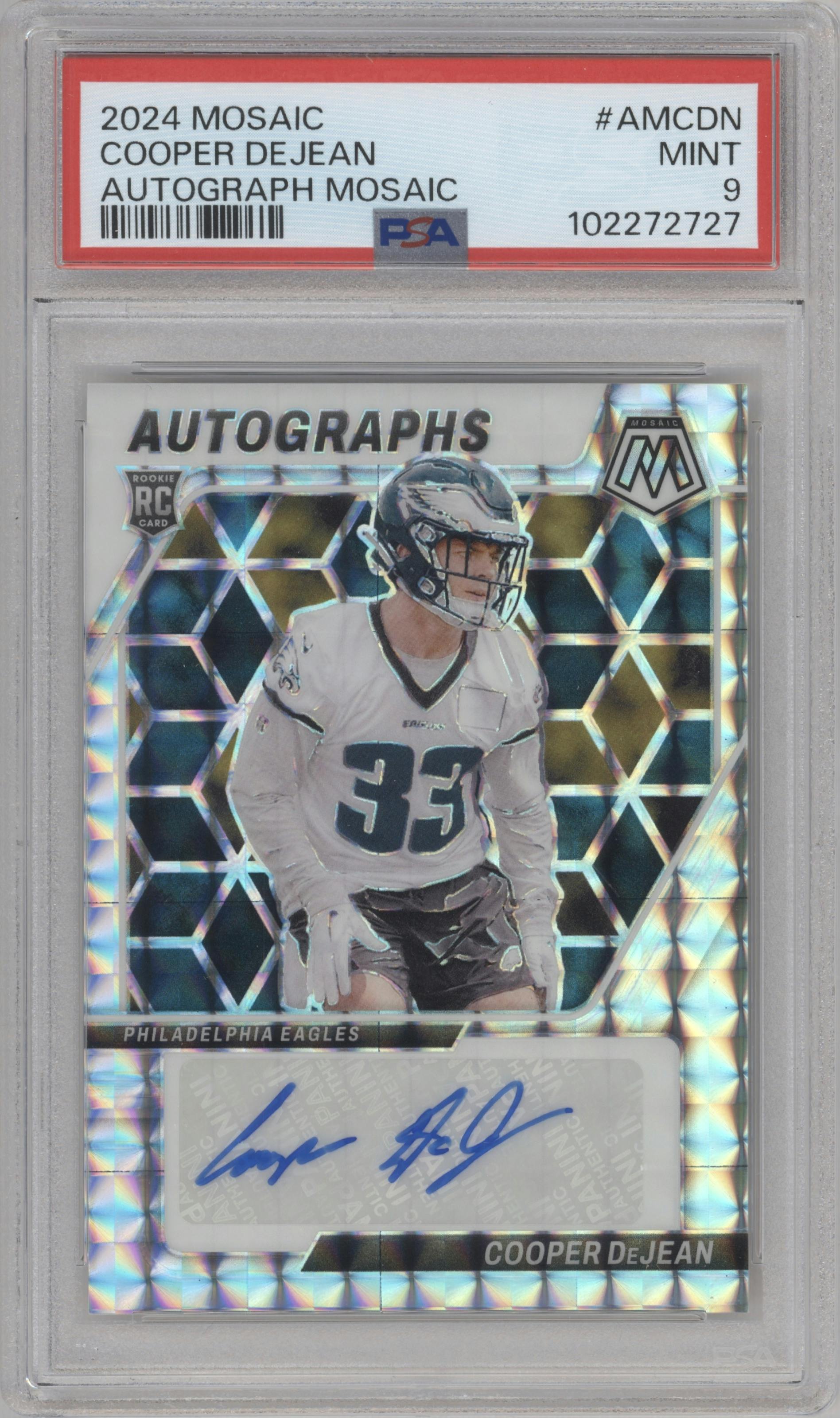 Cooper Dejean from the 2024 Panini Mosaic set graded by PSA and given an overall grade of 9.