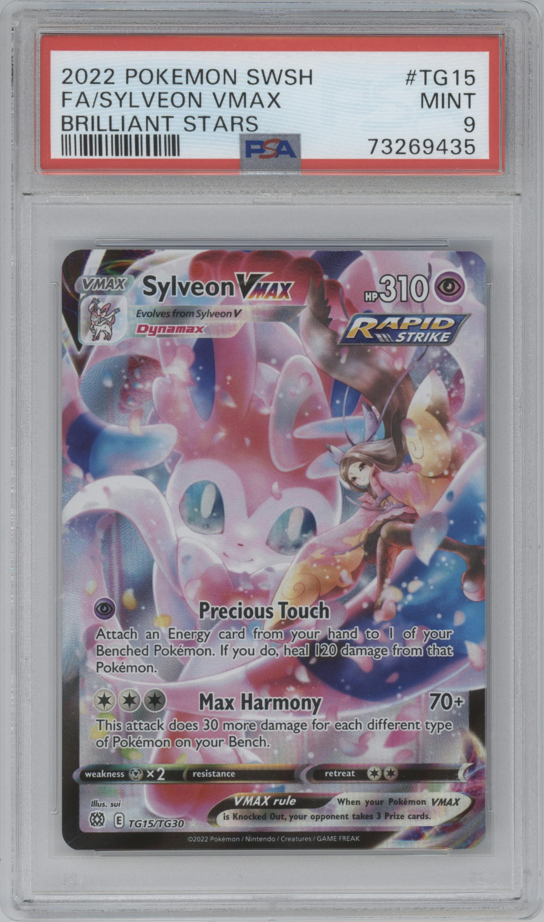 Sylveon VMAX from the 2022 Pokemon SWSH set graded by PSA and given an overall grade of 9.