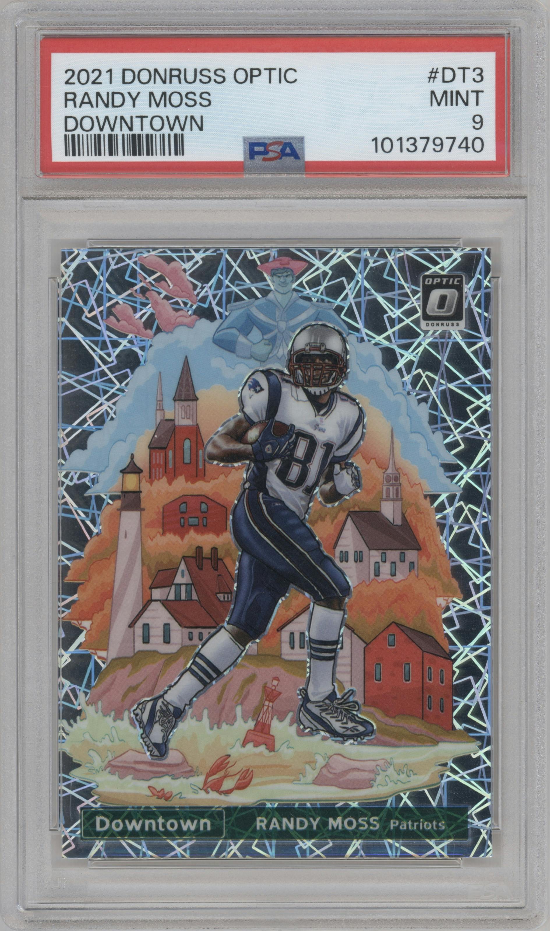 Randy Moss from the 2021 Panini Donruss Optic set graded by PSA and given an overall grade of 9.