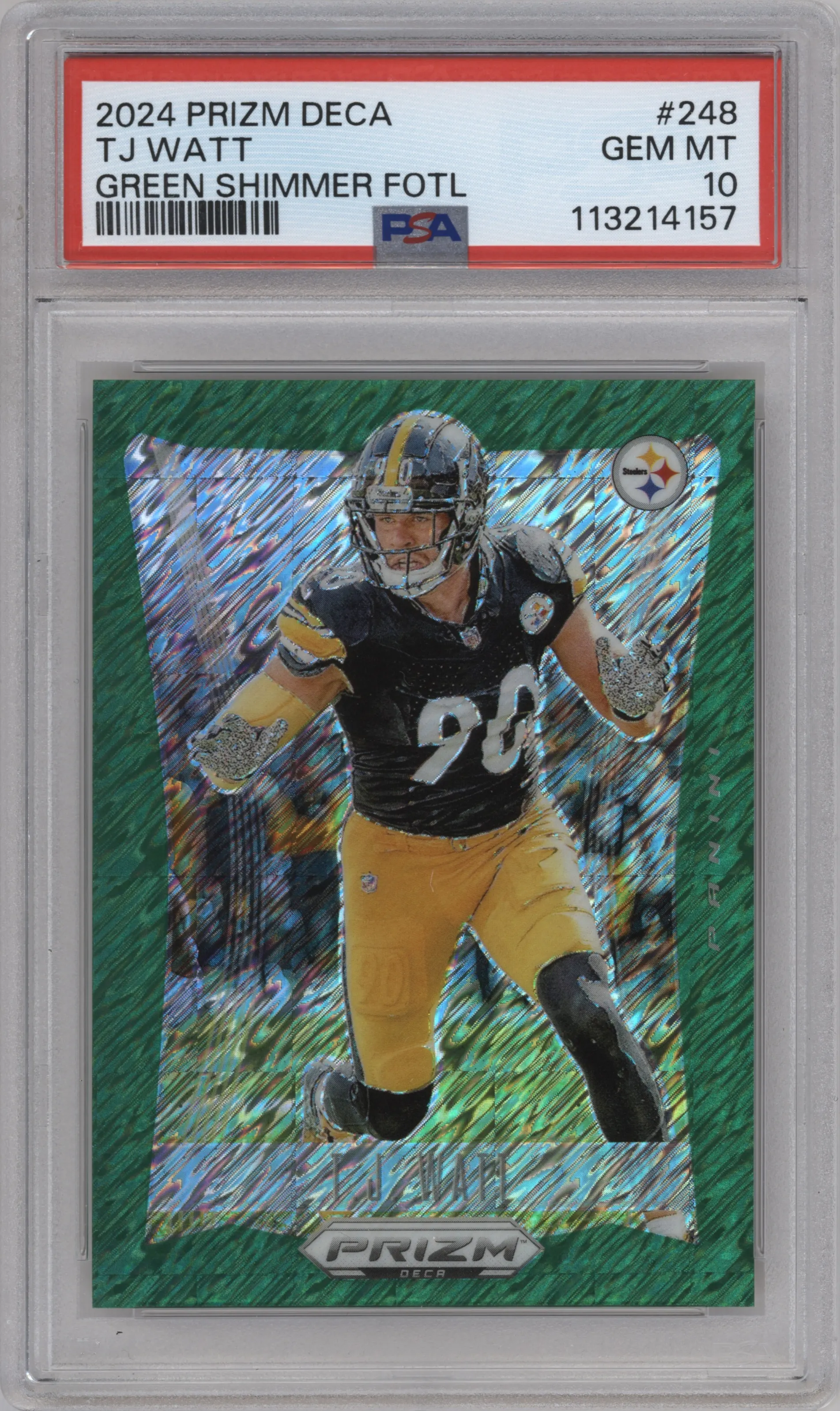 2024 Panini Prizm Deca T.J. Watt Green Shimmer Prizm FOTL PSA 10