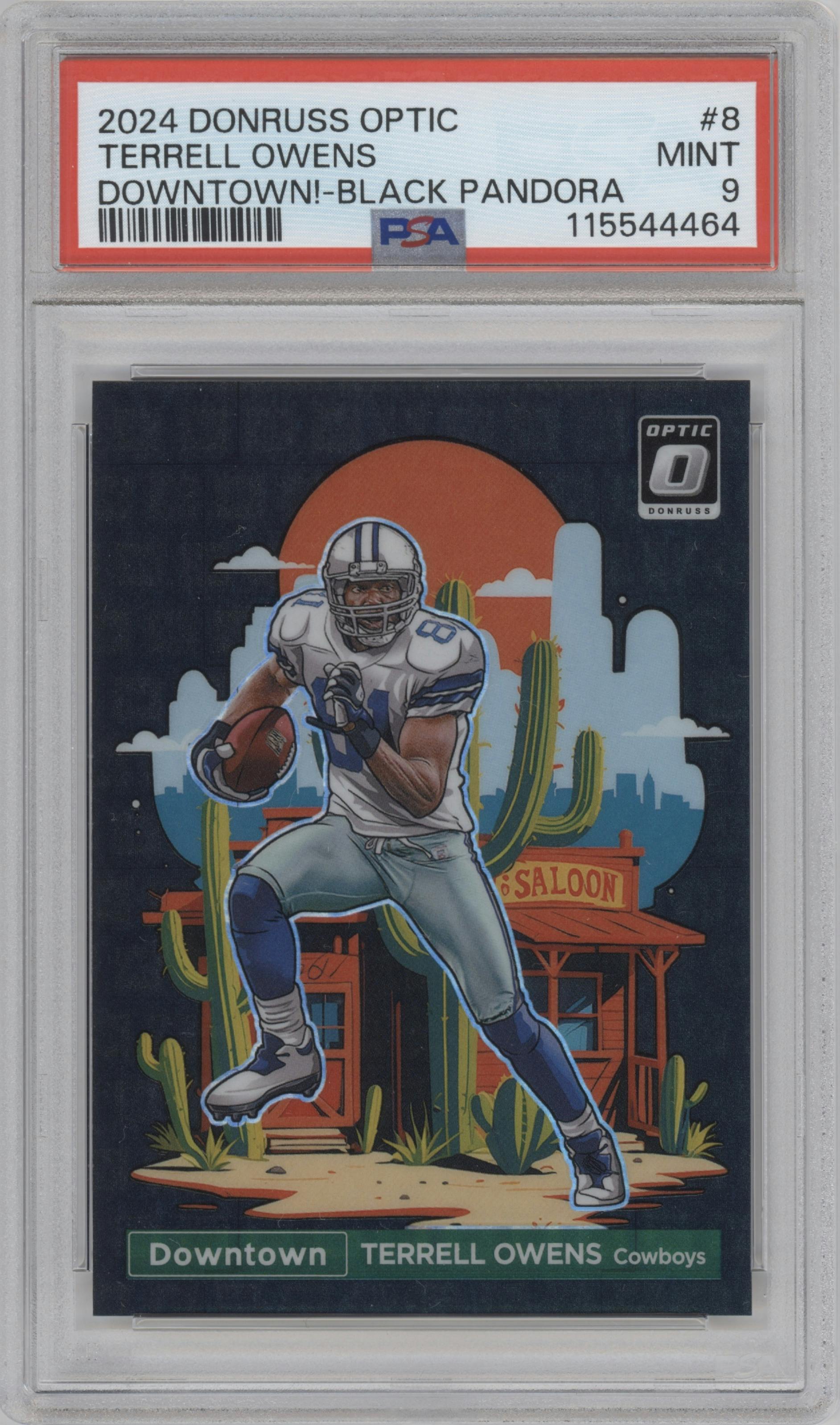 Terrell Owens	 from the 2024 Donruss Optic set featuring a Black Pandora parallel graded by PSA and given an overall grade of 9.