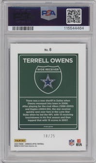 Terrell Owens	 from the 2024 Donruss Optic set featuring a Black Pandora parallel graded by PSA and given an overall grade of 9.