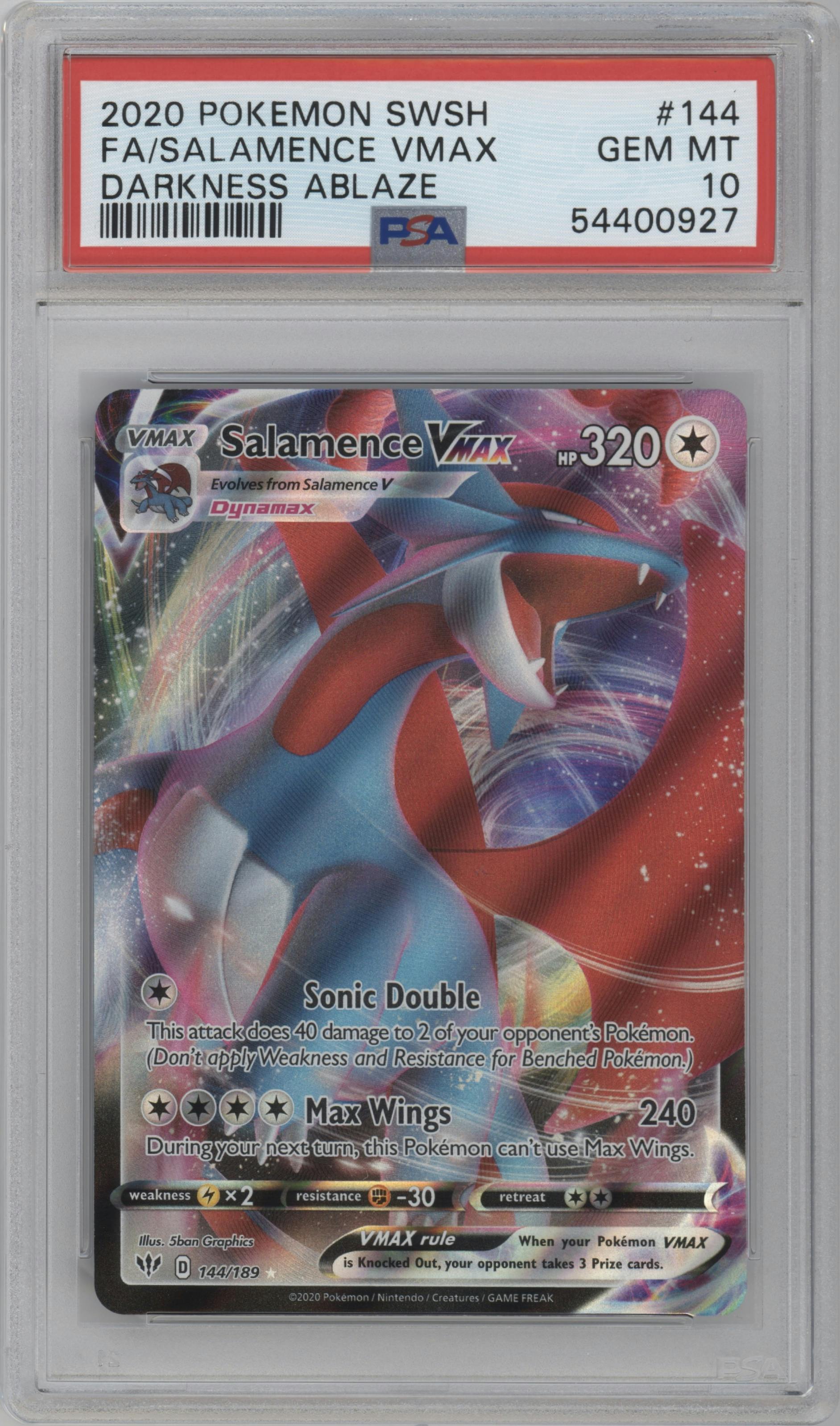 Salamence VMAX from the 2020 Pokemon SWSH set graded by PSA and given an overall grade of 10.