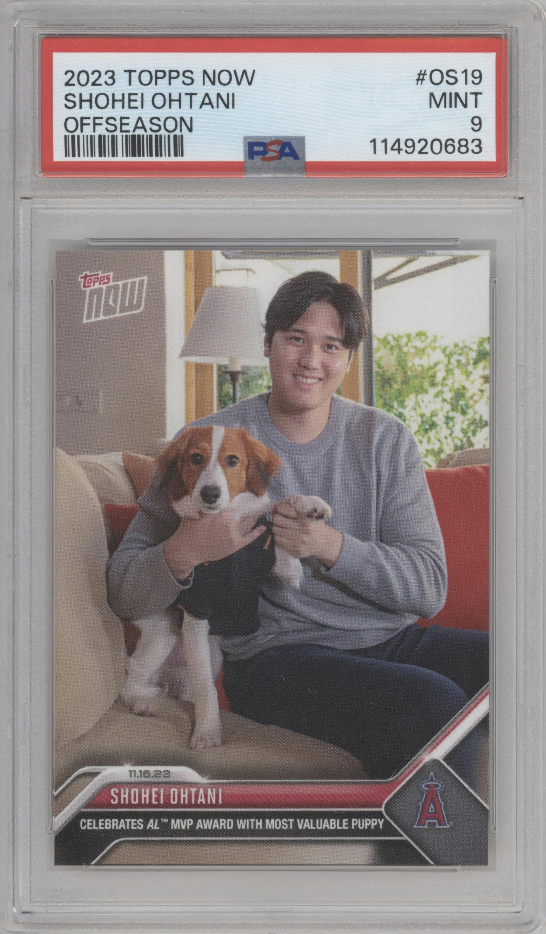 Shohei Ohtani from the 2023-24 Topps Now Off-Season set graded by PSA and given an overall grade of 9.