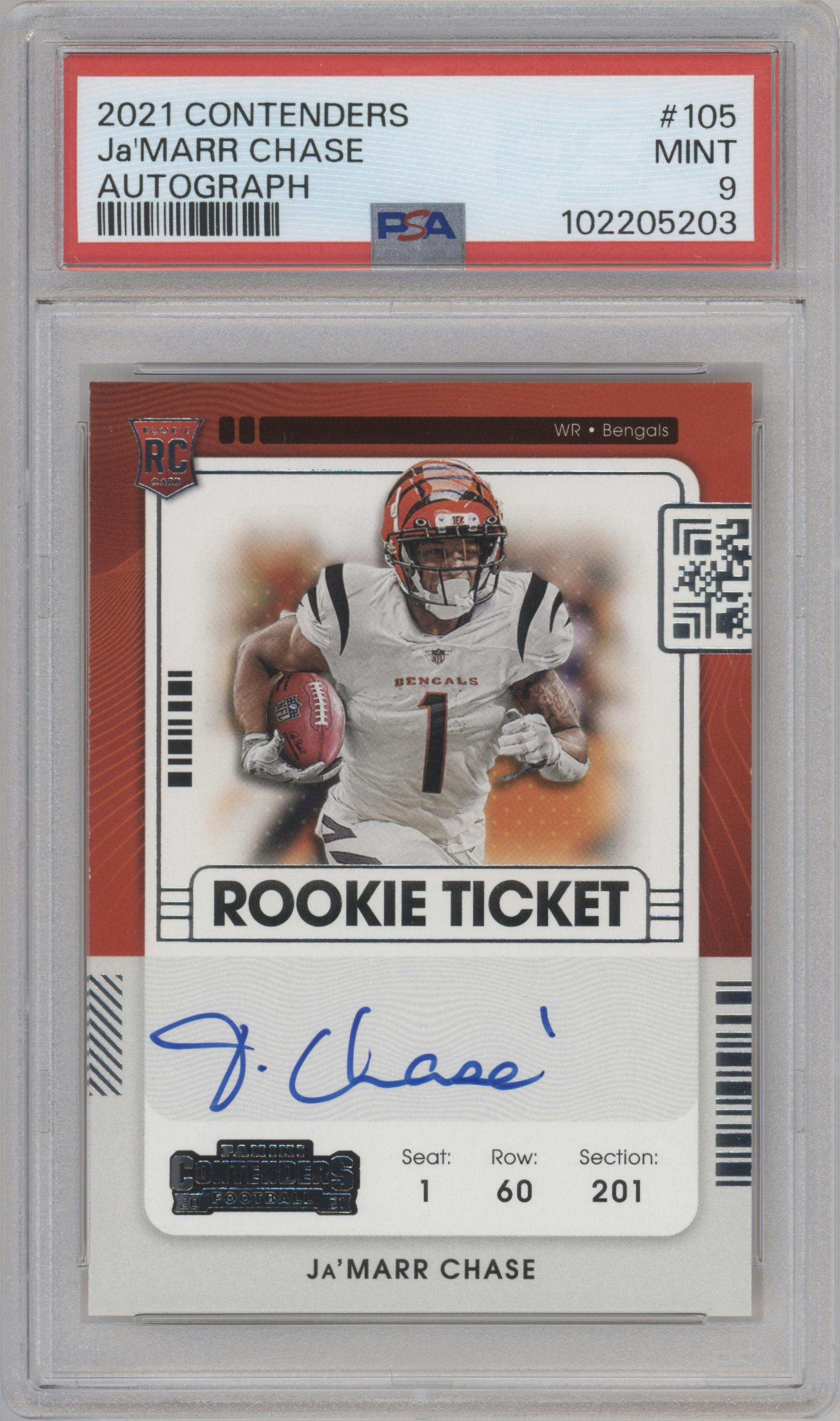 Ja'Marr Chase from the 2021 Panini Contenders   set graded by PSA and given an overall grade of 9.